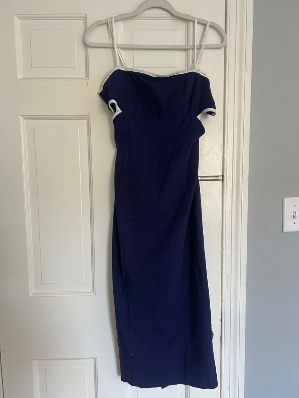 Anthropologie Navy Blue Cut-Out Midi Dress with White Trim and Open Back